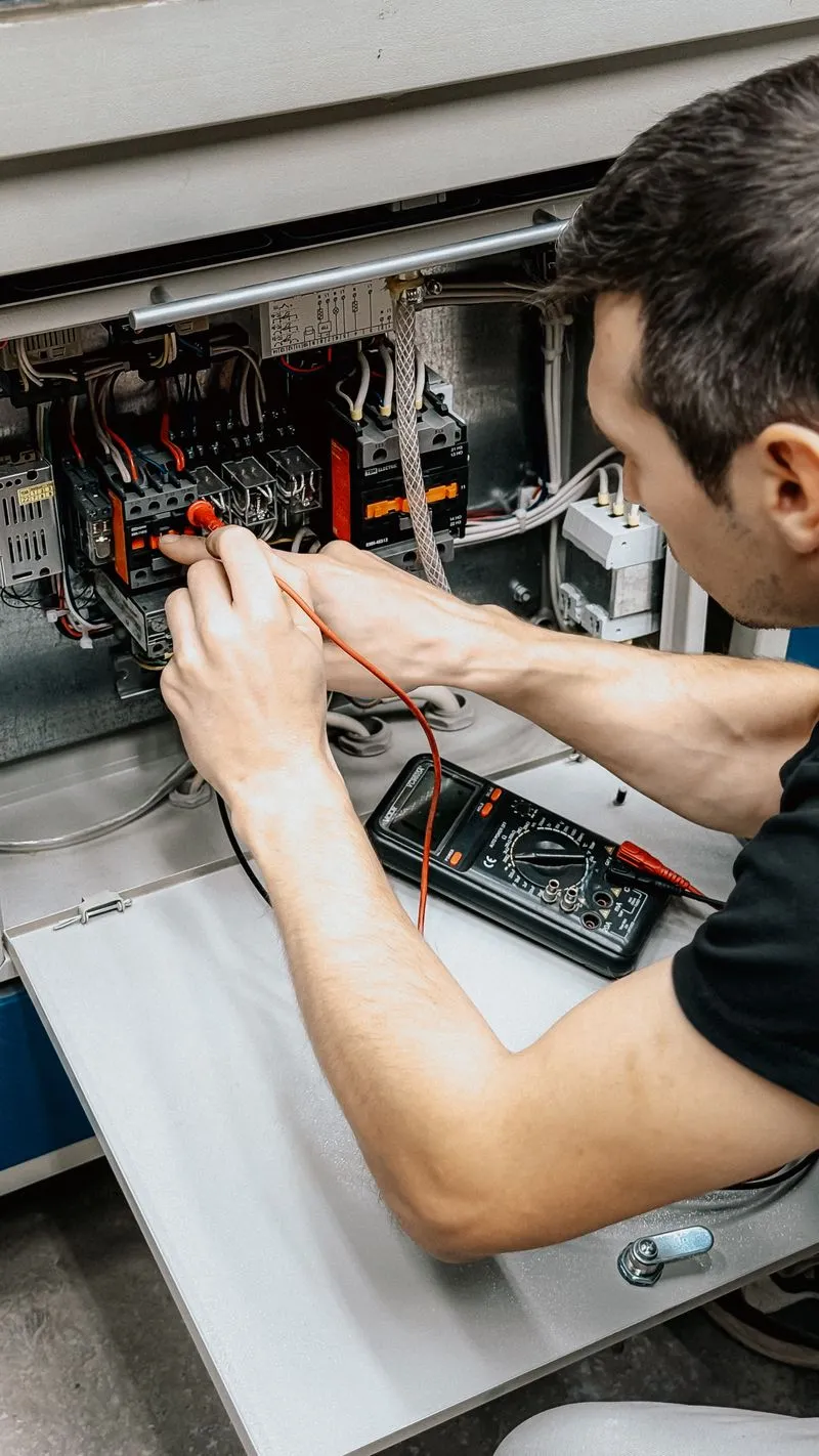 Electricista midiendo un tablero eléctrico con multímetro